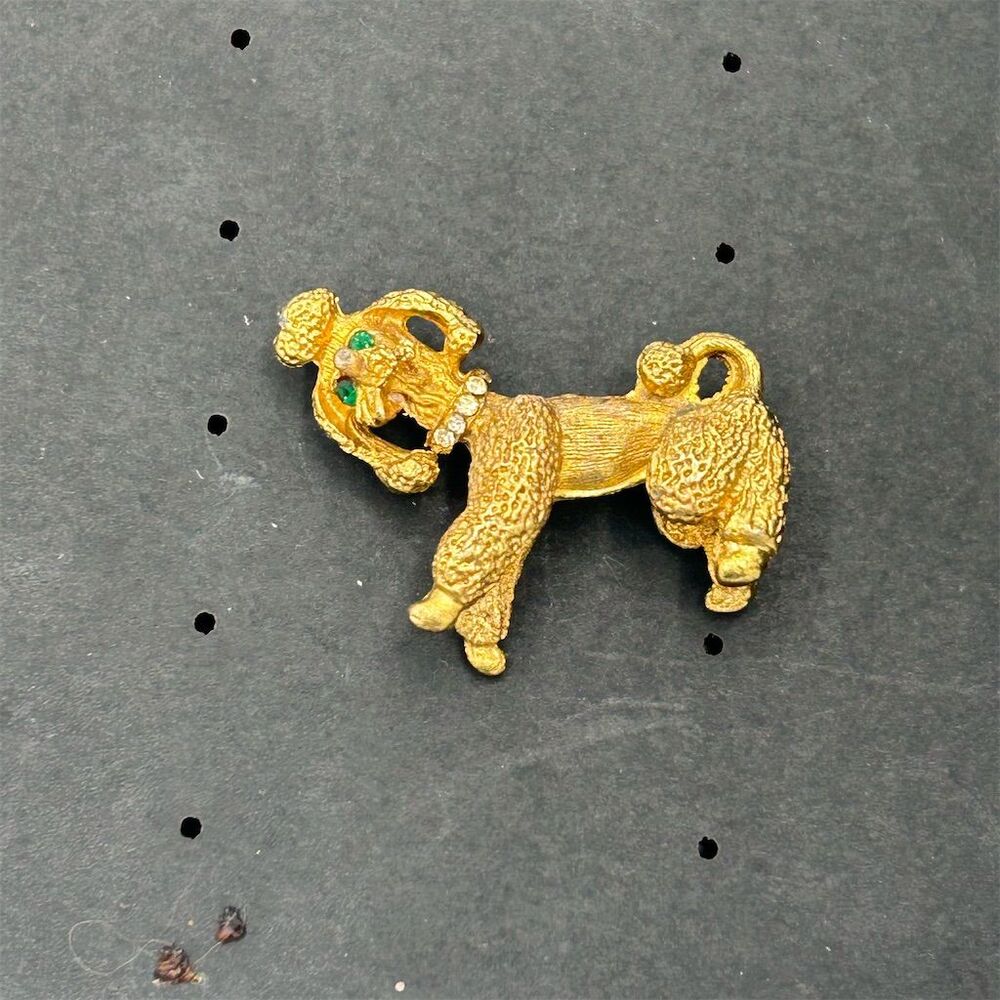 Vintage Goldtone Poodle Brooch Pin Green Rhinestone Eyes Textured 1.5